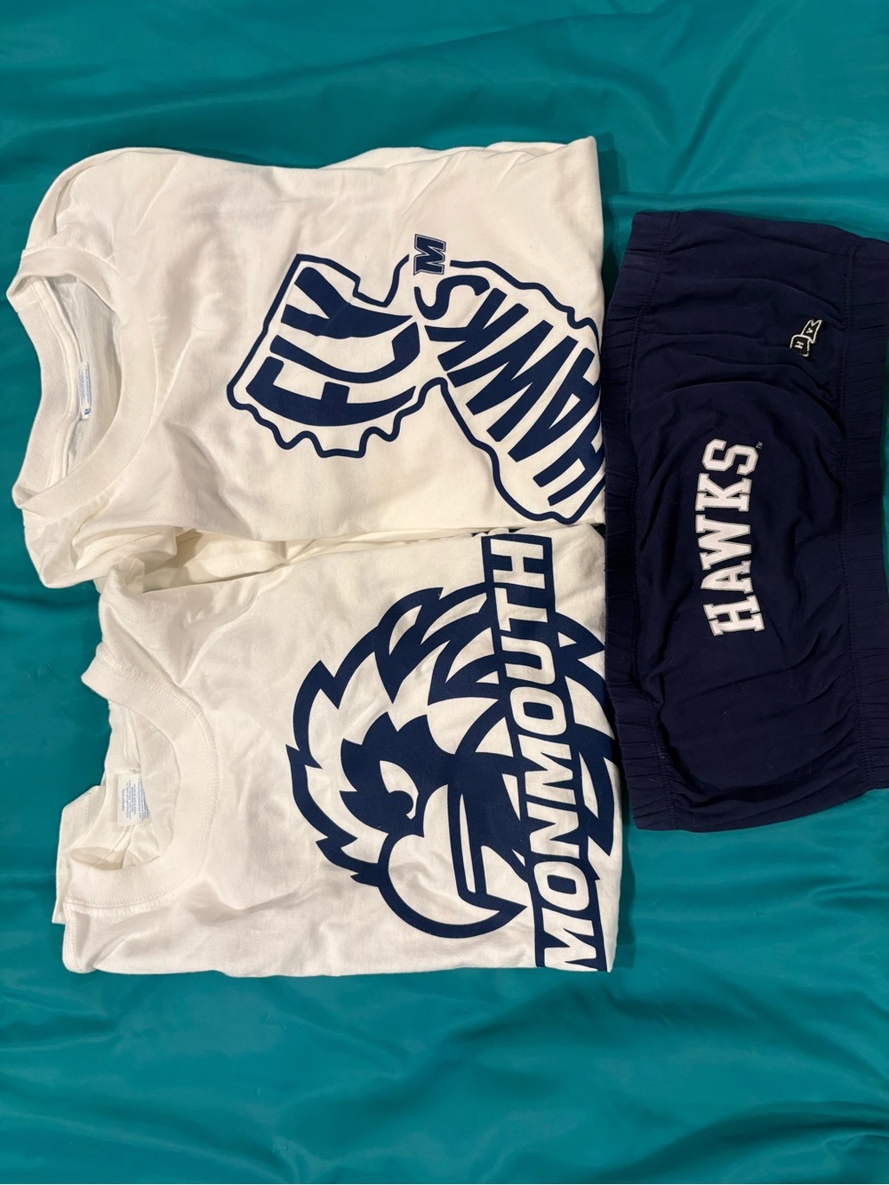 Navy Monmoth foorball Hawks Logo Bandeau Crop Top M L and 2 white Lg T-shirts
